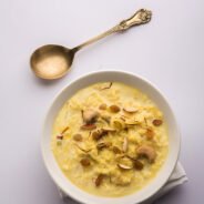 Rice Kheer or pudding from India also called as Firnee. served in a bowl. Selective focus